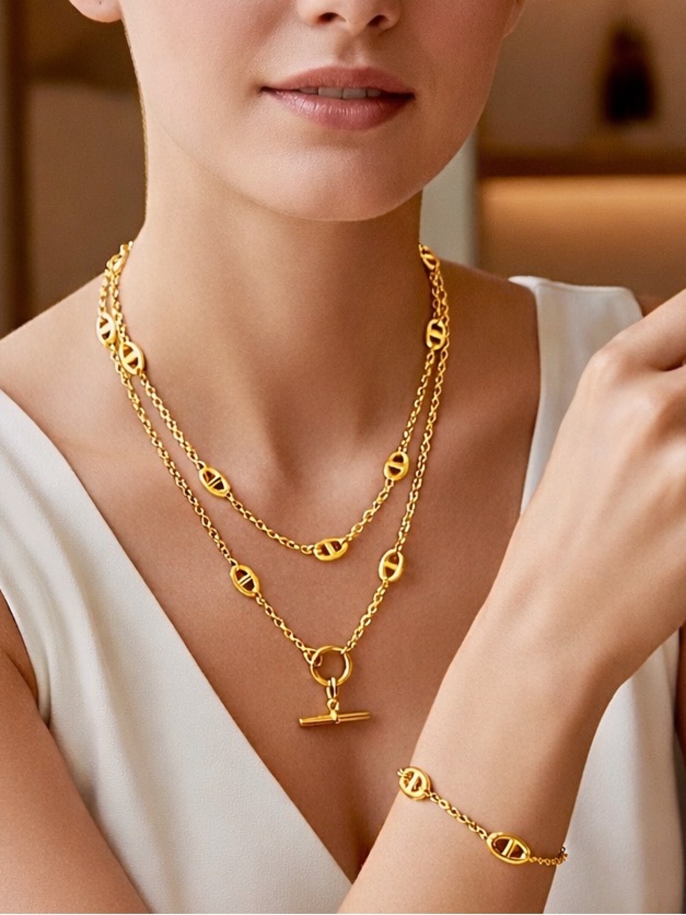 Gold Pig Nose Multilayer Necklace Bracelet Set Stainless Steel Gold Plated